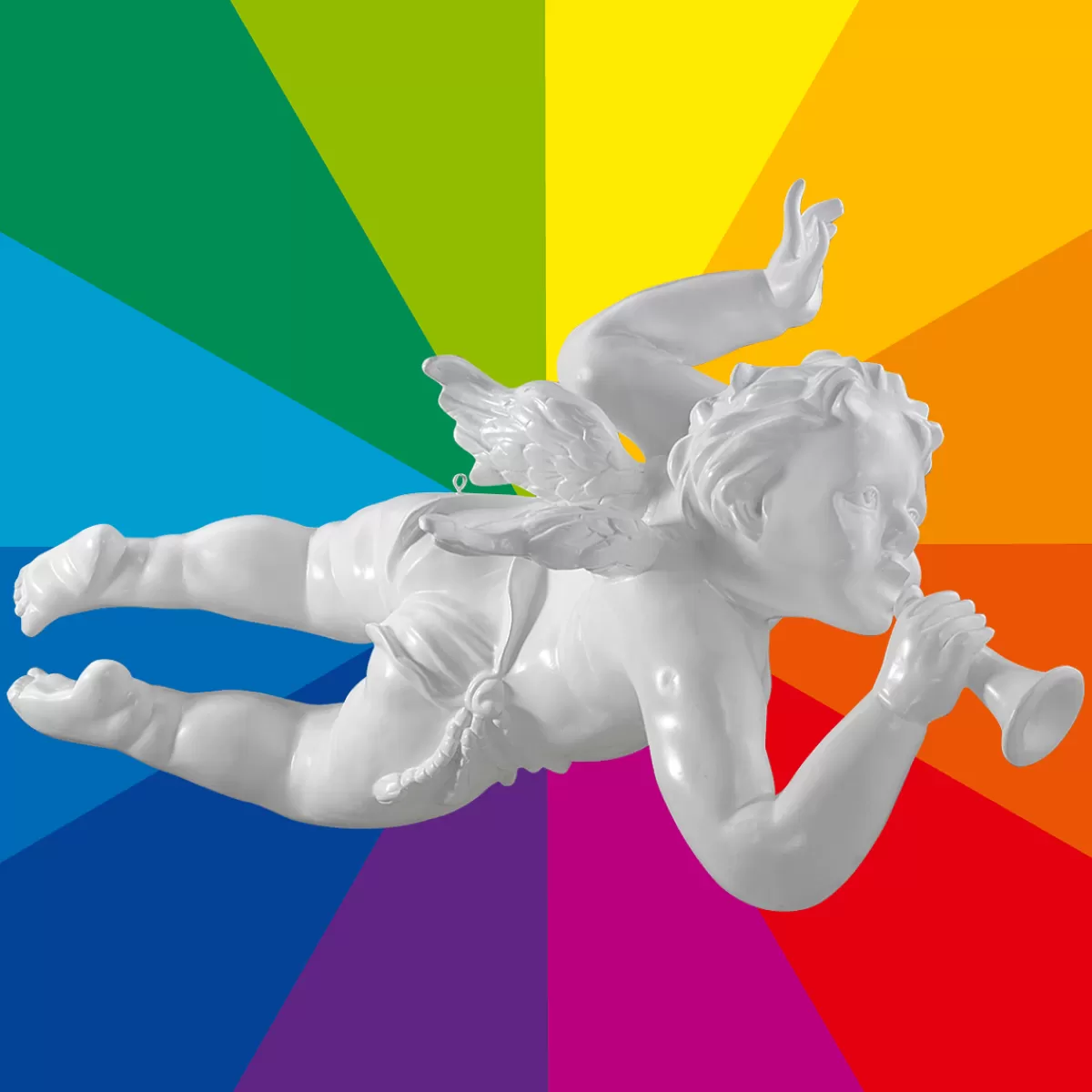 New DecoWoerner Fliegende Barock Engelfigur Mit Horn, 120 Cm Lang, Wunschfarbe