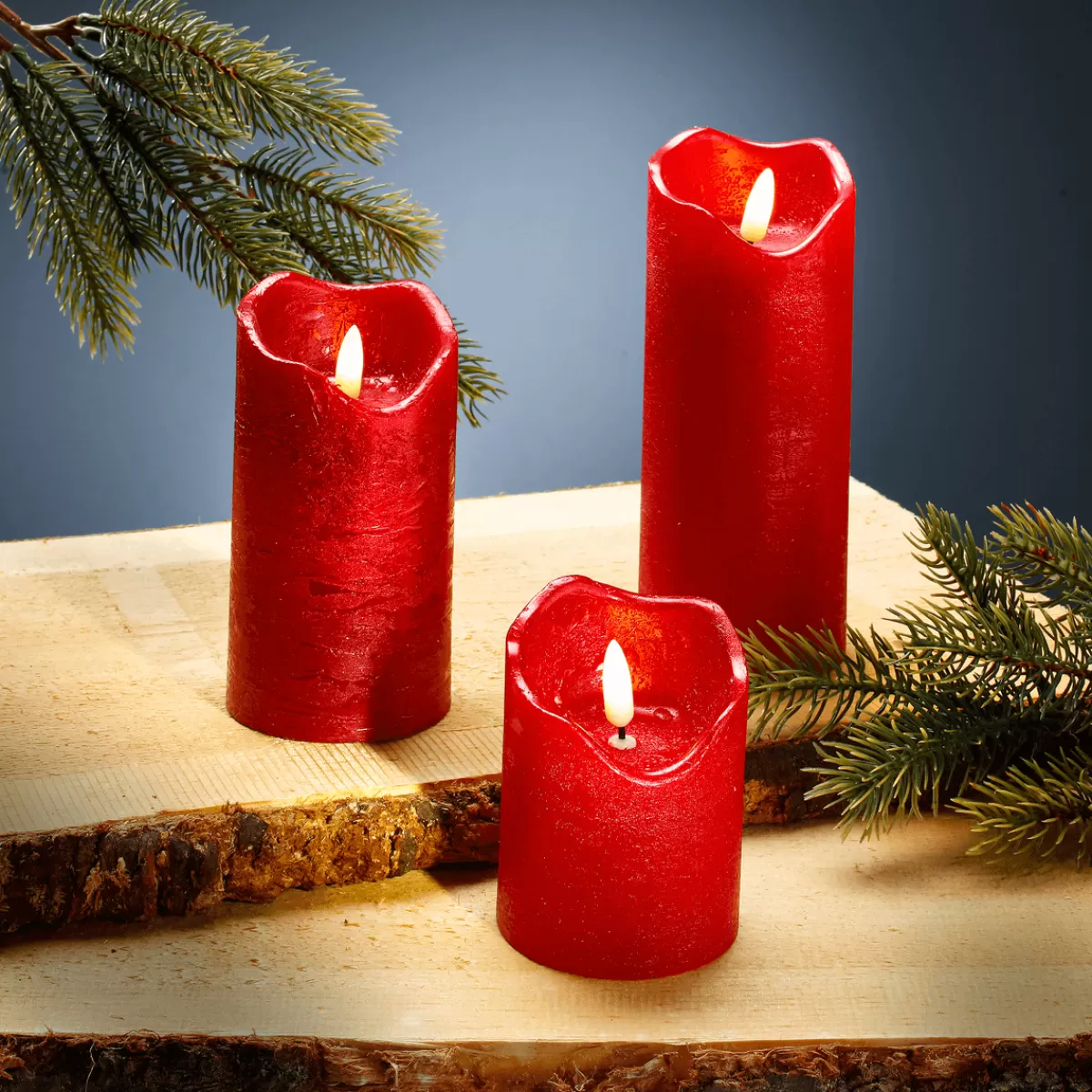 Discount DecoWoerner LED Wachs-Kerzen-Set 3 Stück 7,5 Cm Ø, Höhe 15/12,5/10 Cm rot