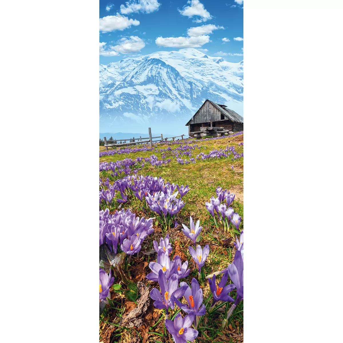 Sale DecoWoerner Schwer Entflammbarer Stoffbanner „Almhütte, Berge Und Lila Krokusse“ Aus Fahnenstoff 75 X 180 Cm violett