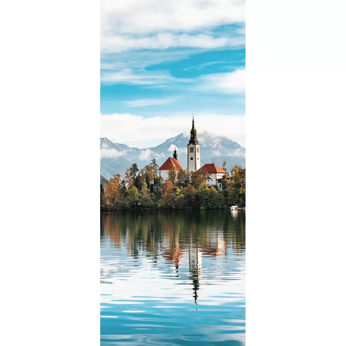 Sale DecoWoerner Schwer Entflammbarer Stoffbanner „Bergmotiv Mit Kirche Am See“ Aus Fahnenstoff 75 X 180 Cm blau