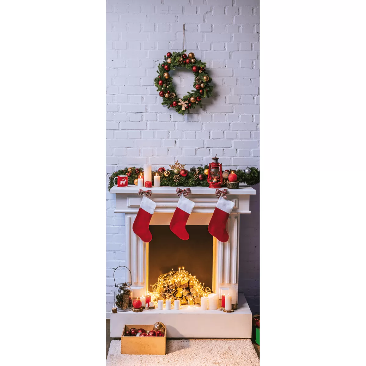 New DecoWoerner Schwer Entflammbarer Stoffbanner "Weihnachtlicher Kamin Und Kranz" Aus Fahnenstoff 75 X 180 Cm weiß
