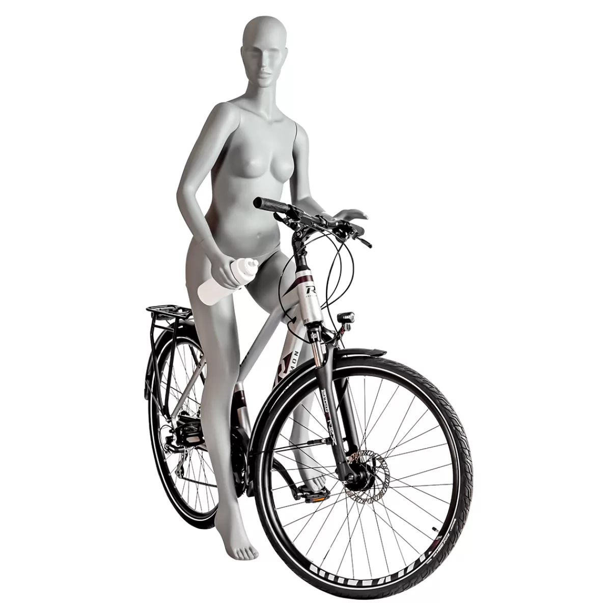 Discount DecoWoerner Sport-Schaufensterpuppe Dame Radfahrer, Wanderer – Linkes Bein Angehoben & Linker Arme Angewinkelt Grau